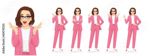 Casual beautiful business woman in different poses set. Various gestures surprised, pointing, standing with crossed hands, showing thumb up and ok sign isolated vector illustration