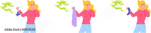 Woman holding smelly clothes. Girl with close nose hold smelling dirty sock shoes or shirt, bad smell from wet socks after feet sport, nasty sour stink concept vector illustration