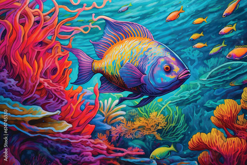 painting of underwater world with coral fishes