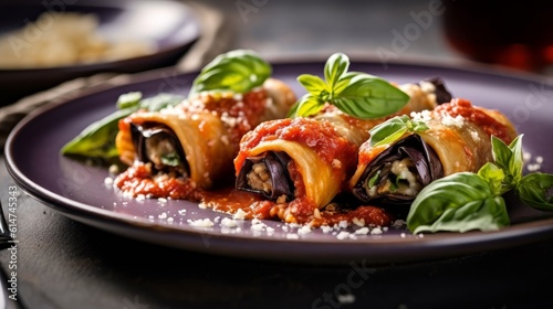 Involtini di Melanzane served on a plate with fresh basil and grated cheese garnish