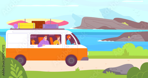 Travel drive on coast. Surfer friends or family and dog in caravan car with suitcase luggage on seaside road trip route to sea beach, summer holidays splendid vector illustration