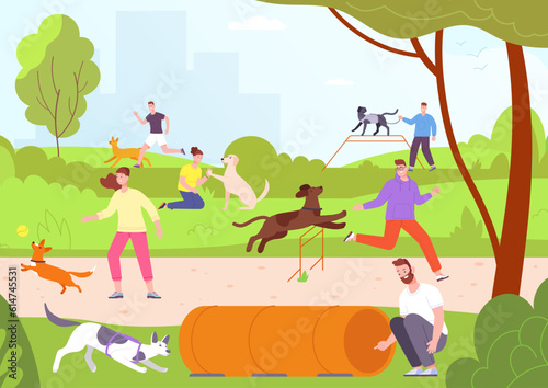 Dog playground. People training playing and walking with dogs on leash in city park or pets friendly area field, activity puppy running at canine yard, splendid vector illustration