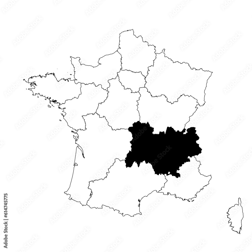 Vector map of the province of Auvergne-Rhône-Alpes highlighted highlighted in black on the map of France. Vector map of the province of Auvergne-Rhône-Alpes highlighted highlighted in black on the map of France.
