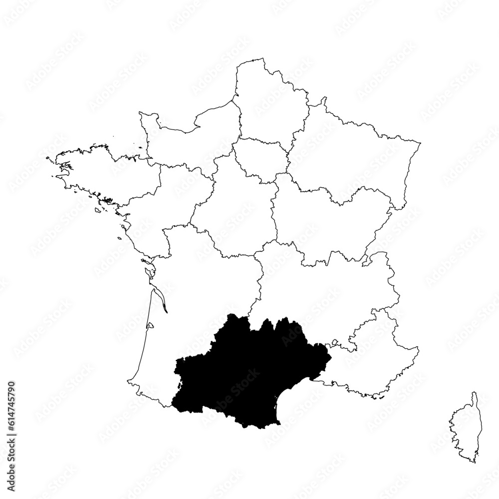 Vector map of the province of Occitanie highlighted highlighted in black on the map of France. Vector map of the province of Occitanie highlighted highlighted in black on the map of France.