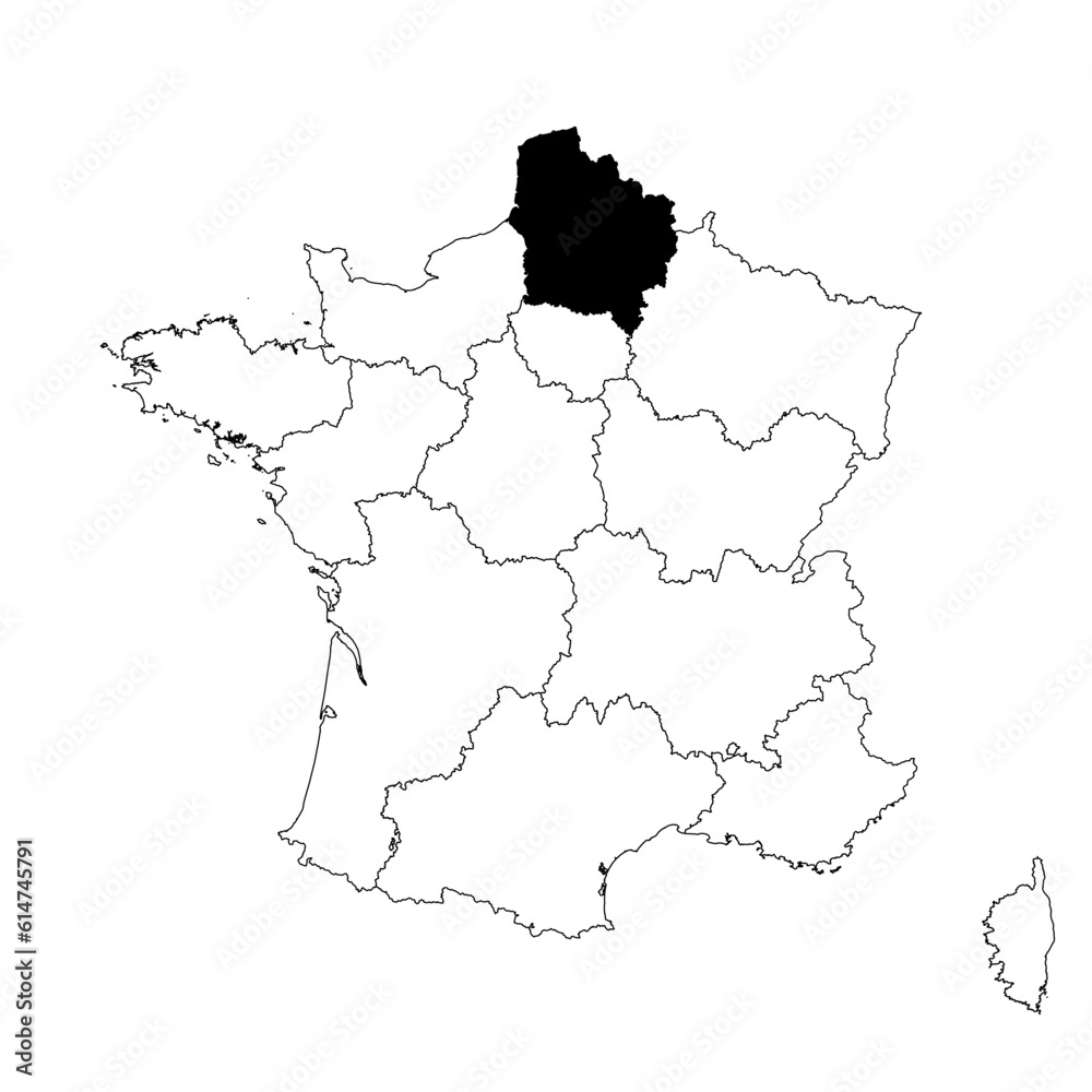 Obraz premium Vector map of the province of Hauts-de-France highlighted highlighted in black on the map of France.