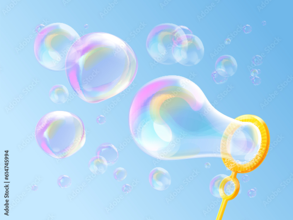 3d blowing bubbles. Realistic soap bubble flying from wand, kids foam souffle play in colorful oxygen shampoo translucent clear ball