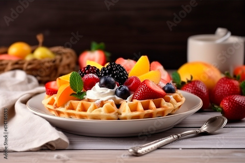 Belgium waffles with fruits and ice cream