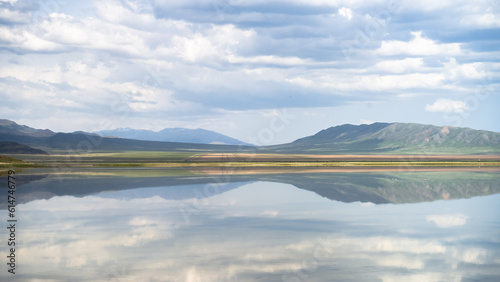 beautiful mountain lake. clouds over a mountain lake. mirror lake