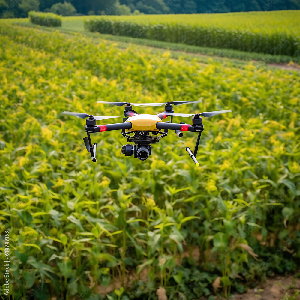 Drone flying over the green plants, Generative AI