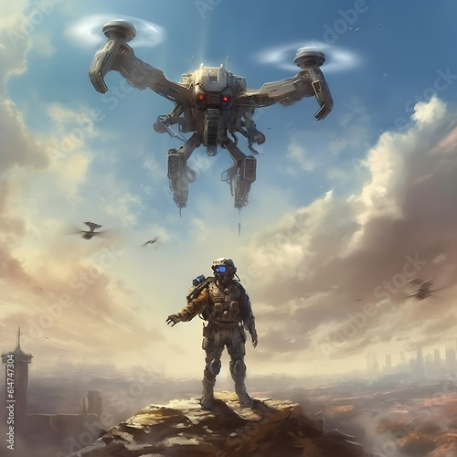 Robotic fpv drone flying over military soldiers in war, Generative AI