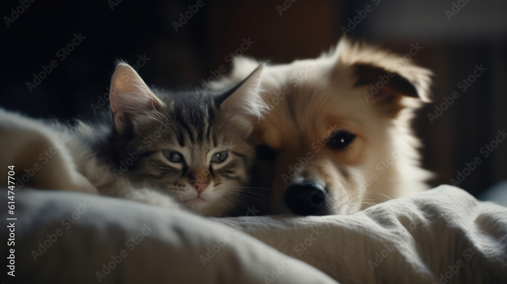 The photo depicts an adorable scene of a puppy and a kitten cuddled together, showcasing the pure innocence and sweetness of their bond. Their tiny bodies rest comfortably against each other, creating