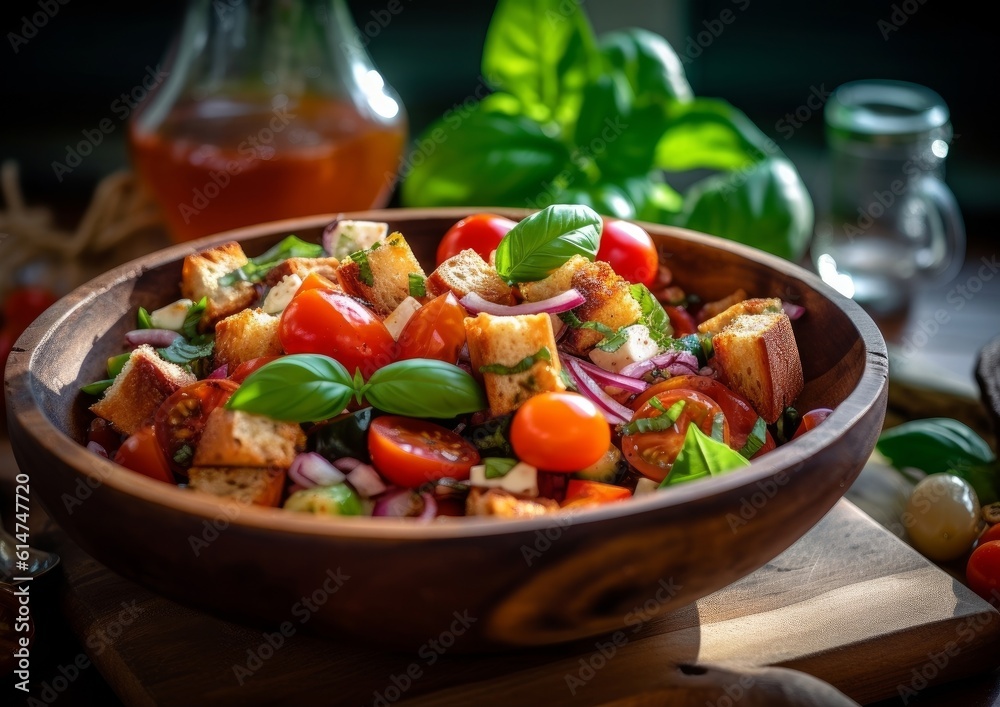An artistic image of Panzanella in a rustic wooden bowl, surrounded by fresh ingredients like tomatoes, basil, and olive oil