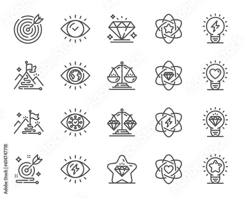 Mission, Vision, Values line icons. Business strategy, target goal and diamond set. Flag on mountain, electric power and scales with diamonds icons. Leadership mission values, strategy vision. Vector