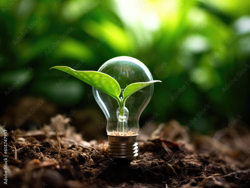 lightbulb with young plant on soil and sunshine. concept saving energy in nature - obrazy, fototapety, plakaty 