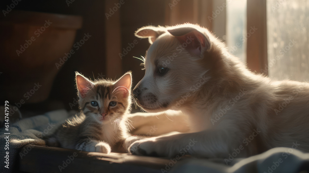 The photo depicts an adorable scene of a puppy and a kitten cuddled together, showcasing the pure innocence and sweetness of their bond. Their tiny bodies rest comfortably against each other, creating The photo depicts an adorable scene of a puppy and a kitten cuddled together, showcasing the pure innocence and sweetness of their bond. Their tiny bodies rest comfortably against each other, creating