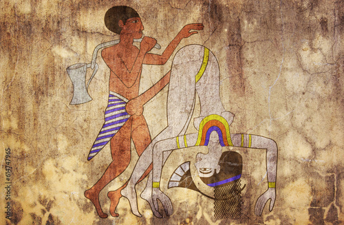 Erotic drawing from ancient Egypt looks like fresco photo