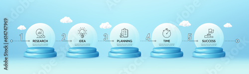 Timeline workflow 3d podium infographics. Infographic template with numbers 5 options or steps. Business infograph chart with 3d podium stages. Product timeline chart with clouds. Vector
