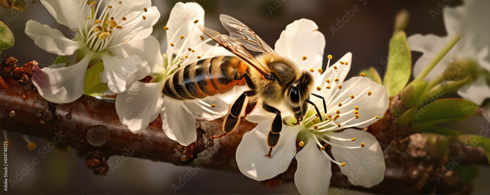 Flying honey bee collecting pollen from tree blossom. Bee in flight over spring background. generative ai - obrazy, fototapety, plakaty 