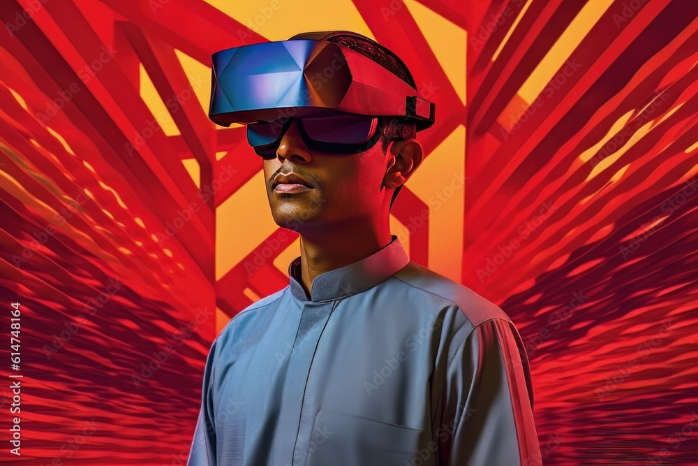 Face of modern Muslim man with beard wearing virtual reality glasses in cyber space AI Face of modern Muslim man with beard wearing virtual reality glasses in cyber space AI