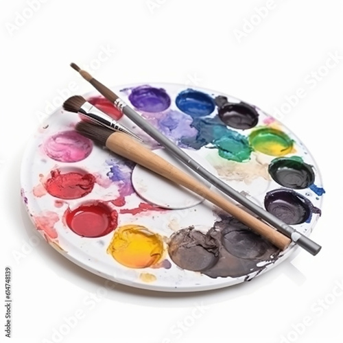 Palette with multicolored watercolor paints and brushes, closeup isolated on white, generative ai