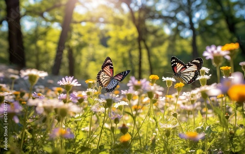 Butterflies fly over flowers and bushes in city park, biodiversity and rewilding in city created with Generative AI technology