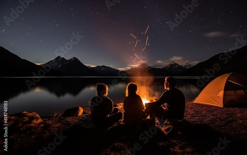 Group of people camping in the mountains at night created with Generative AI technology