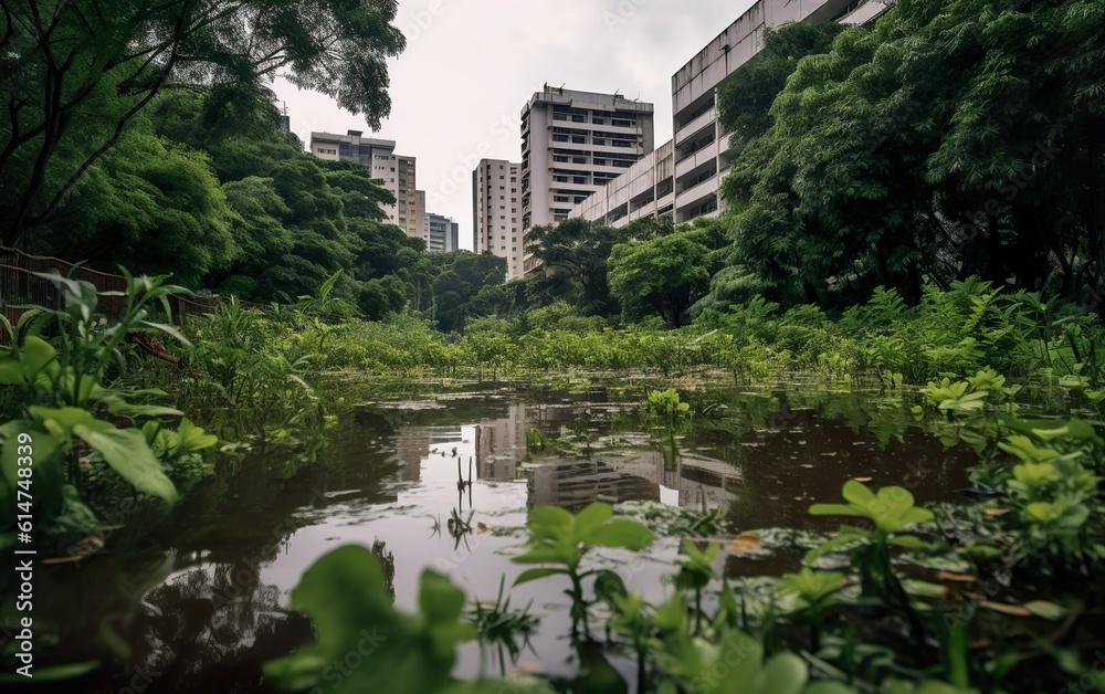 City lake overflowing its banks during a period of heavy rain, reclaiming nearby urban spaces as wetlands with floating vegetation and lush greenery, 
created with Generative AI technology 