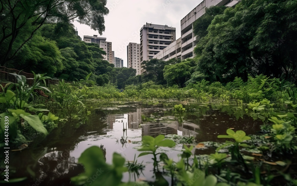 City lake overflowing its banks during a period of heavy rain, reclaiming nearby urban spaces as wetlands with floating vegetation and lush greenery,
created with Generative AI technology City lake overflowing its banks during a period of heavy rain, reclaiming nearby urban spaces as wetlands with floating vegetation and lush greenery,
created with Generative AI technology