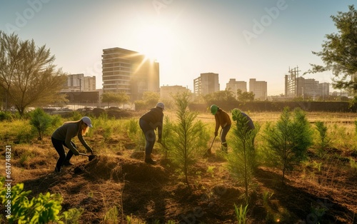 Fotobehang Group of volunteers planting trees and creating a green urban park as part of th