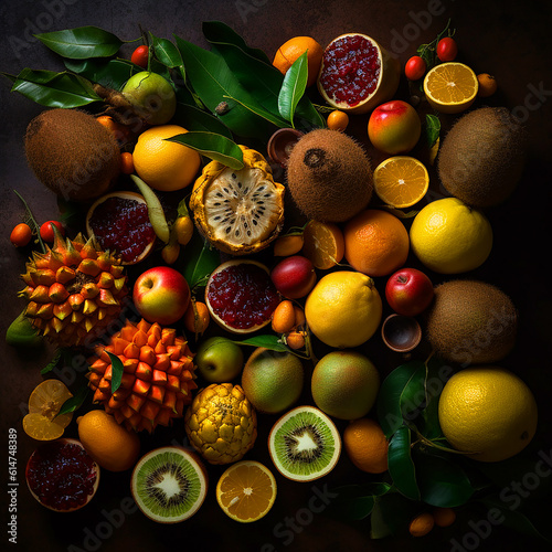 Different appetizing sweet delicious tropical fruits on black  many varieties of fruit background  food wallpaper  for shop advertising  generative ai