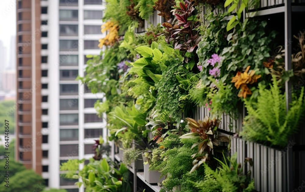 Vertical garden on a high-rise apartment balcony, filled with a variety of wildflowers and green foliage, creating a lush oasis amidst the urban environment