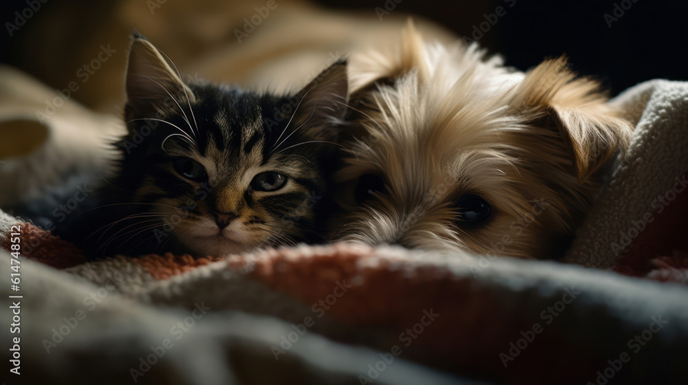 The photo depicts an adorable scene of a puppy and a kitten cuddled together, showcasing the pure innocence and sweetness of their bond. Their tiny bodies rest comfortably against each other, creating The photo depicts an adorable scene of a puppy and a kitten cuddled together, showcasing the pure innocence and sweetness of their bond. Their tiny bodies rest comfortably against each other, creating