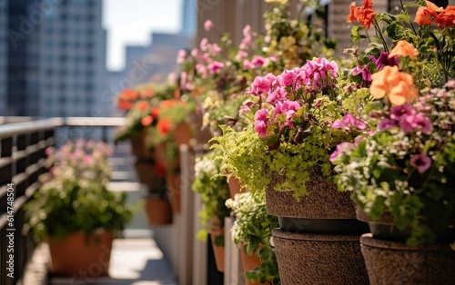 Wildflowers in pots on the balcony of a building in the city created with Generative AI technology © AZ Studio