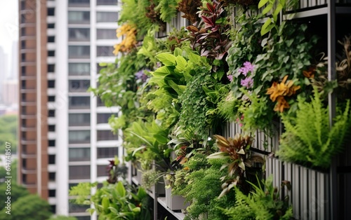 Vertical garden on a high-rise apartment balcony, filled with a variety of wildflowers and green foliage, creating a lush oasis amidst the urban environment © AZ Studio