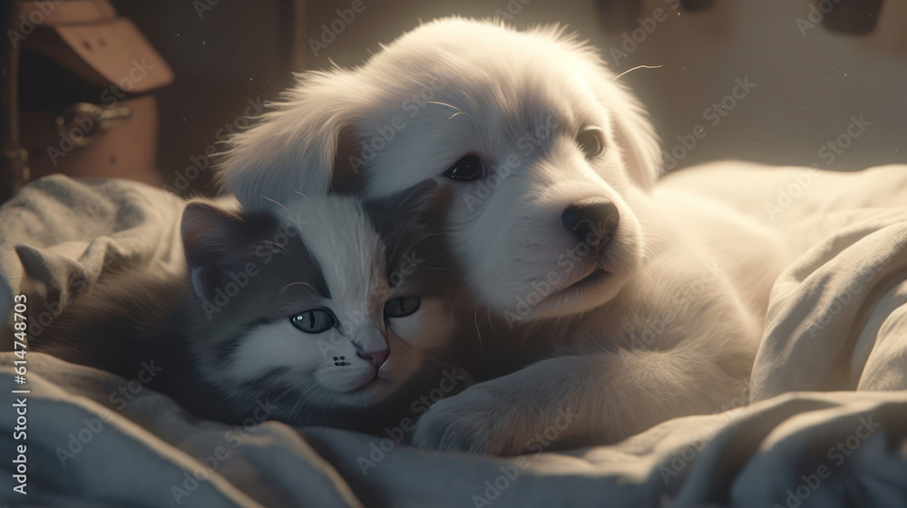 The photo depicts an adorable scene of a puppy and a kitten cuddled together, showcasing the pure innocence and sweetness of their bond. Their tiny bodies rest comfortably against each other, creating The photo depicts an adorable scene of a puppy and a kitten cuddled together, showcasing the pure innocence and sweetness of their bond. Their tiny bodies rest comfortably against each other, creating