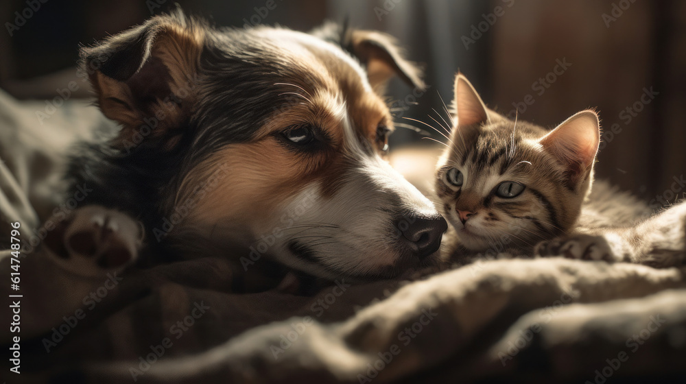 The photo depicts an adorable scene of a puppy and a kitten cuddled together, showcasing the pure innocence and sweetness of their bond. Their tiny bodies rest comfortably against each other, creating
