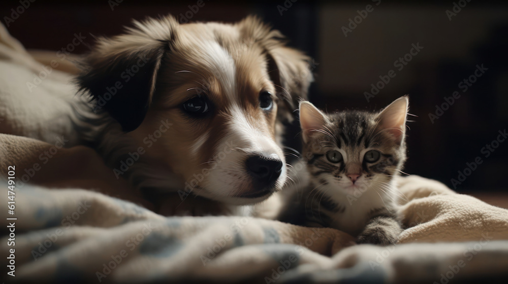 The photo depicts an adorable scene of a puppy and a kitten cuddled together, showcasing the pure innocence and sweetness of their bond. Their tiny bodies rest comfortably against each other, creating The photo depicts an adorable scene of a puppy and a kitten cuddled together, showcasing the pure innocence and sweetness of their bond. Their tiny bodies rest comfortably against each other, creating