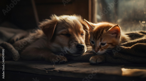 Wallpaper Mural The photo depicts an adorable scene of a puppy and a kitten cuddled together, showcasing the pure innocence and sweetness of their bond. Their tiny bodies rest comfortably against each other, creating Torontodigital.ca