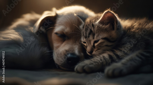 The photo depicts an adorable scene of a puppy and a kitten cuddled together, showcasing the pure innocence and sweetness of their bond. Their tiny bodies rest comfortably against each other, creating