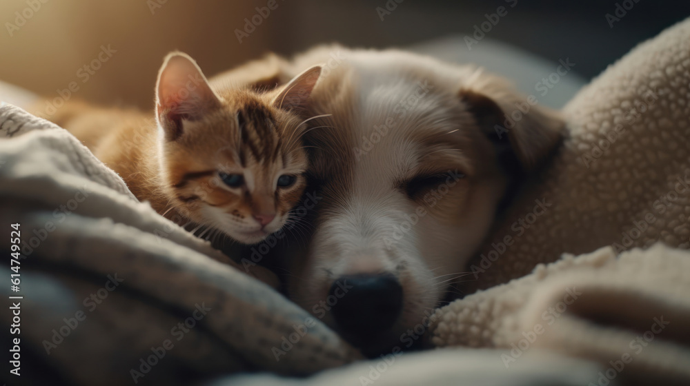The photo depicts an adorable scene of a puppy and a kitten cuddled together, showcasing the pure innocence and sweetness of their bond. Their tiny bodies rest comfortably against each other, creating The photo depicts an adorable scene of a puppy and a kitten cuddled together, showcasing the pure innocence and sweetness of their bond. Their tiny bodies rest comfortably against each other, creating