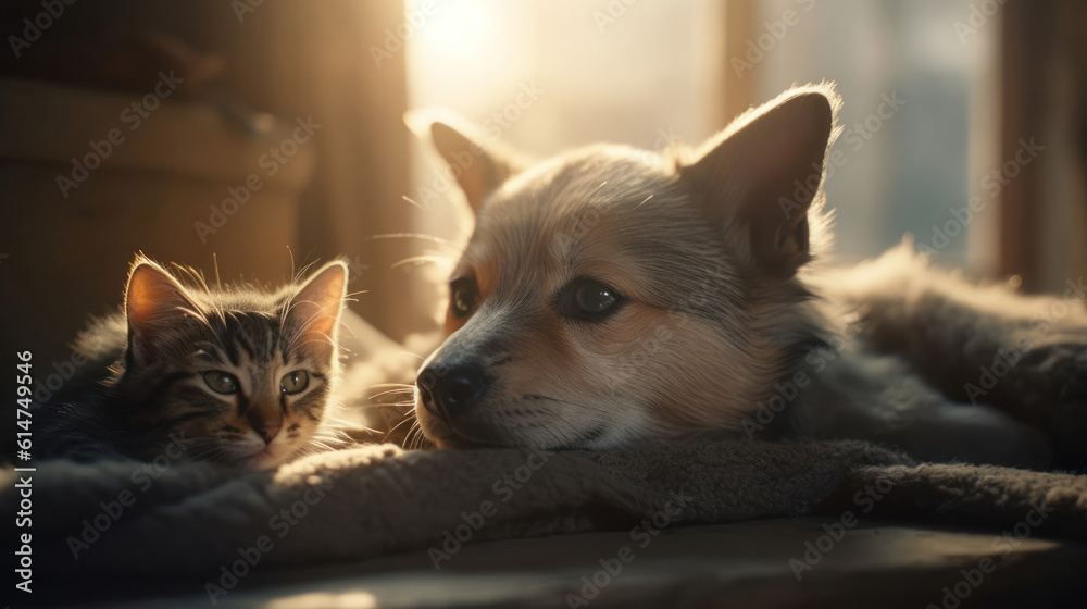 The photo depicts an adorable scene of a puppy and a kitten cuddled together, showcasing the pure innocence and sweetness of their bond. Their tiny bodies rest comfortably against each other, creating The photo depicts an adorable scene of a puppy and a kitten cuddled together, showcasing the pure innocence and sweetness of their bond. Their tiny bodies rest comfortably against each other, creating