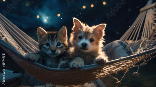 The photo depicts an adorable scene of a puppy and a kitten cuddled together, showcasing the pure innocence and sweetness of their bond. Their tiny bodies rest comfortably against each other, creating