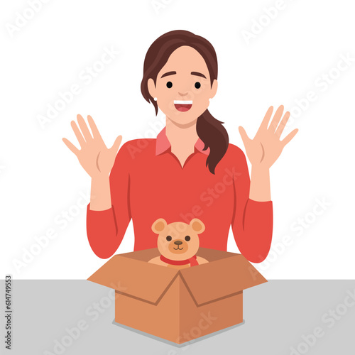Young woman unboxing bear teddy gift. Flat vector illustration isolated on white background