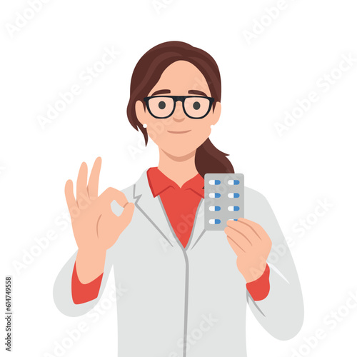 Doctor with medication. woman doc holding pills showing ok sign. Flat vector illustration isolated on white background