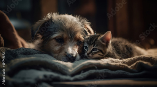 The photo depicts an adorable scene of a puppy and a kitten cuddled together, showcasing the pure innocence and sweetness of their bond. Their tiny bodies rest comfortably against each other, creating