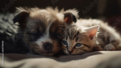 The photo depicts an adorable scene of a puppy and a kitten cuddled together, showcasing the pure innocence and sweetness of their bond. Their tiny bodies rest comfortably against each other, creating