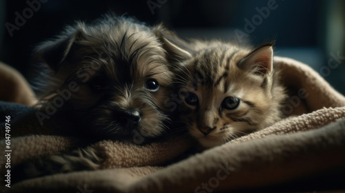 The photo depicts an adorable scene of a puppy and a kitten cuddled together, showcasing the pure innocence and sweetness of their bond. Their tiny bodies rest comfortably against each other, creating