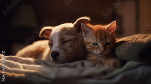 The photo depicts an adorable scene of a puppy and a kitten cuddled together, showcasing the pure innocence and sweetness of their bond. Their tiny bodies rest comfortably against each other, creating