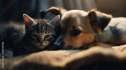 The photo depicts an adorable scene of a puppy and a kitten cuddled together, showcasing the pure innocence and sweetness of their bond. Their tiny bodies rest comfortably against each other, creating