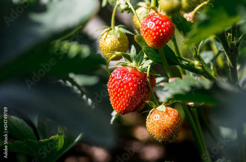Banner. Strawberry berries on a bush. Strawberries turn red, ripen under the rays of the sun. Macro. Homemade strawberries are turning red in the garden. Strawberry bushes in the summer garden.